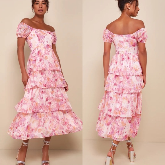 Lulus Dresses & Skirts - Lulus | Phenomenal Vision Pink Multi Lurex Puff Sleeve Tiered Midi Dress